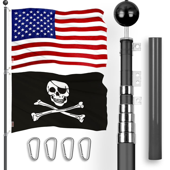 G128 Combo Pack: 20 Ft Telescoping Aluminum Flagpole (Black) & American and Pirate Jolly Roger Bones Flags 3x5 Ft, Both ToughWeave Series Embroidered Polyester | Pole with Flags Included