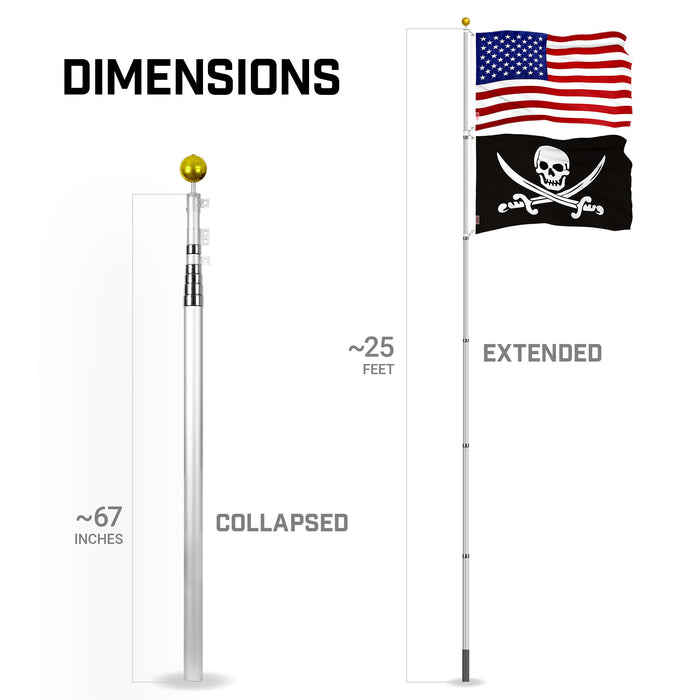 G128 Combo Pack: 25 Ft Telescoping Aluminum Flagpole (Silver) & American and Pirate Jolly Roger Swords Flags 3x5 Ft, Both ToughWeave Series Embroidered Polyester | Pole with Flags Included