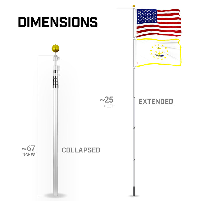 G128 Combo Pack: 25 Ft Telescoping Aluminum Flagpole (Silver) & American and Rhode Island Flags 3x5 Ft, Both ToughWeave Series Embroidered Polyester | Pole with Flags Included