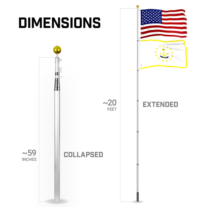 G128 Combo Pack: 20 Ft Telescoping Aluminum Flagpole (Silver) & American and Rhode Island Flags 3x5 Ft, Both ToughWeave Series Embroidered Polyester | Pole with Flags Included
