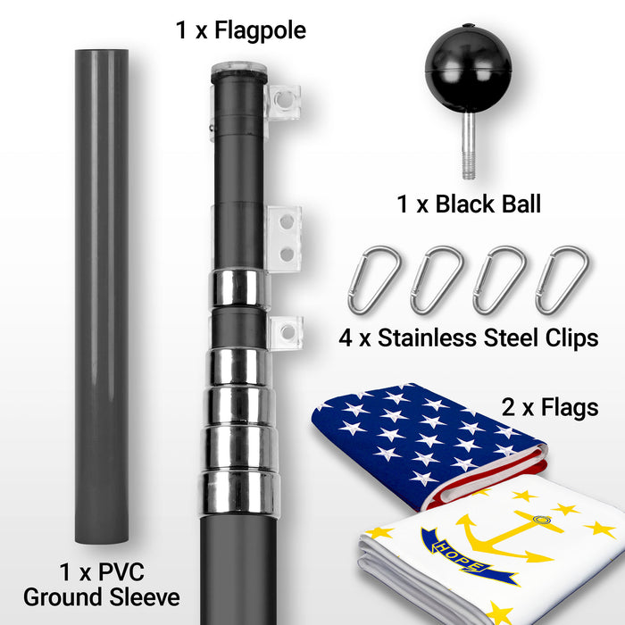 G128 Combo Pack: 25 Ft Telescoping Aluminum Flagpole (Black) & American and Rhode Island No Golden Border Flags 3x5 Ft, Both ToughWeave Series Embroidered Polyester | Pole with Flags Included