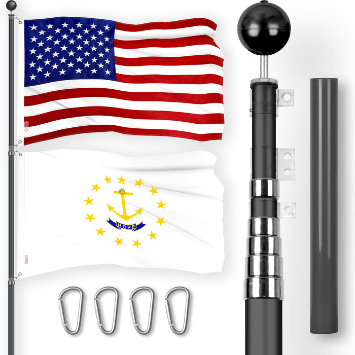 G128 Combo Pack: 25 Ft Telescoping Aluminum Flagpole (Black) & American and Rhode Island No Golden Border Flags 3x5 Ft, Both ToughWeave Series Embroidered Polyester | Pole with Flags Included