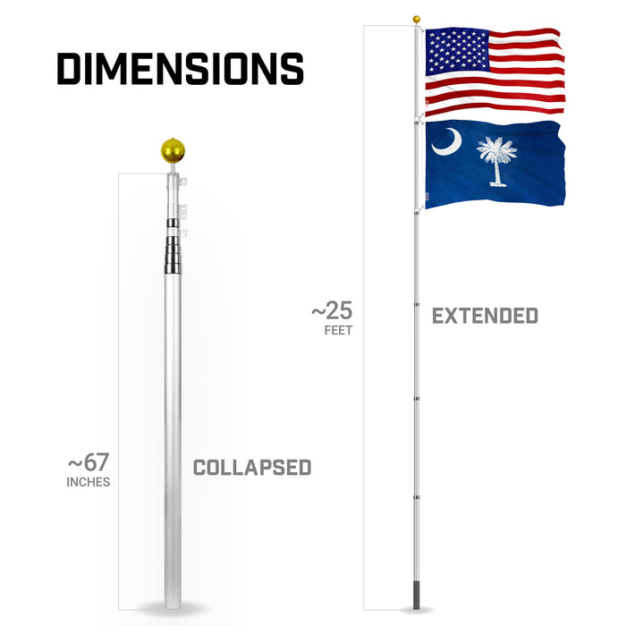 G128 Combo Pack: 25 Ft Telescoping Aluminum Flagpole (Silver) & American and South Carolina Flags 3x5 Ft, Both ToughWeave Series Embroidered Polyester | Pole with Flags Included