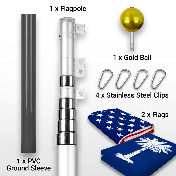 G128 Combo Pack: 25 Ft Telescoping Aluminum Flagpole (Silver) & American and South Carolina Flags 3x5 Ft, Both ToughWeave Series Embroidered Polyester | Pole with Flags Included