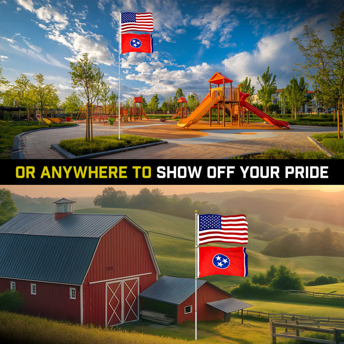 G128 Combo Pack: 25 Ft Telescoping Aluminum Flagpole (Silver) & American and Tennessee Flags 3x5 Ft, Both ToughWeave Series Embroidered Polyester | Pole with Flags Included