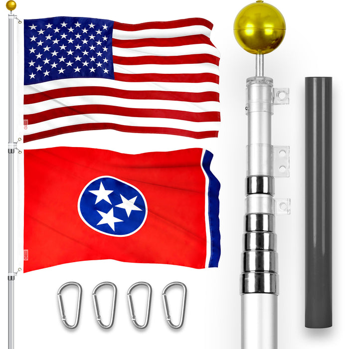 G128 Combo Pack: 25 Ft Telescoping Aluminum Flagpole (Silver) & American and Tennessee Flags 3x5 Ft, Both ToughWeave Series Embroidered Polyester | Pole with Flags Included