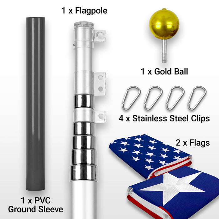 G128 Combo Pack: 20 Ft Telescoping Aluminum Flagpole (Silver) & American and Texas Flags 3x5 Ft, Both ToughWeave Series Embroidered Polyester | Pole with Flags Included