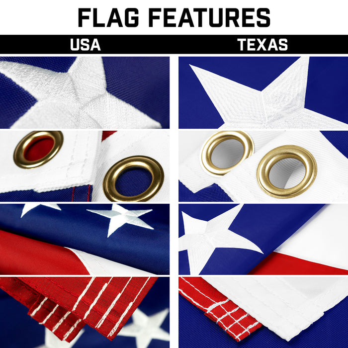 G128 Combo Pack: 20 Ft Telescoping Aluminum Flagpole (Black) & American and Texas Flags 3x5 Ft, Both ToughWeave Series Embroidered Polyester | Pole with Flags Included