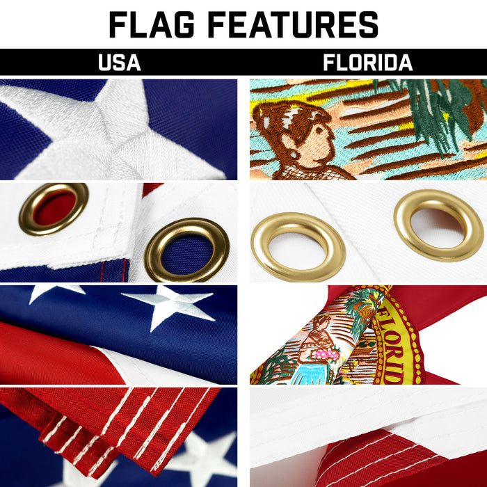 G128 Combo Pack: 25 Ft Telescoping Aluminum Flagpole (Silver) & American and Florida Flags 3x5 Ft, Both ToughWeave Series Embroidered Polyester | Pole with Flags Included