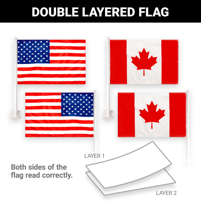 G128 Combo Pack: American USA Car Flag & Canada Canadian Car Flag 11x17 In | Both Double Sided Printed 150D Polyester | Flagpole Included | Perfect for Festival Celebrations, Parades