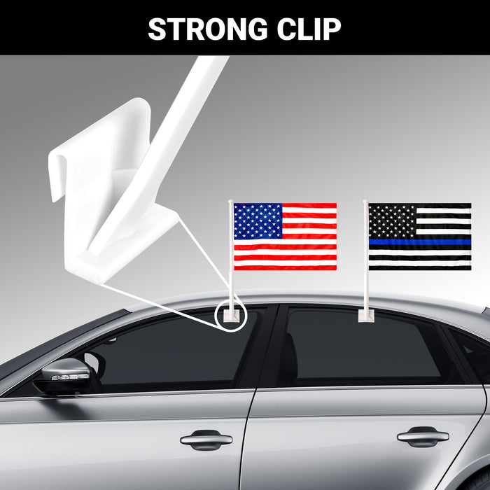 G128 Combo Pack: American USA Car Flag & Thin Blue Line Car Flag 11x17 In | Both Double Sided Printed 150D Polyester | Flagpole Included | Perfect for Festival Celebrations, Parades