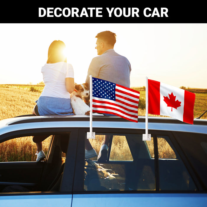 G128 Combo Pack: American USA Car Flag & Canada Canadian Car Flag 11x17 In | Both Double Sided Printed 150D Polyester | Flagpole Included | Perfect for Festival Celebrations, Parades