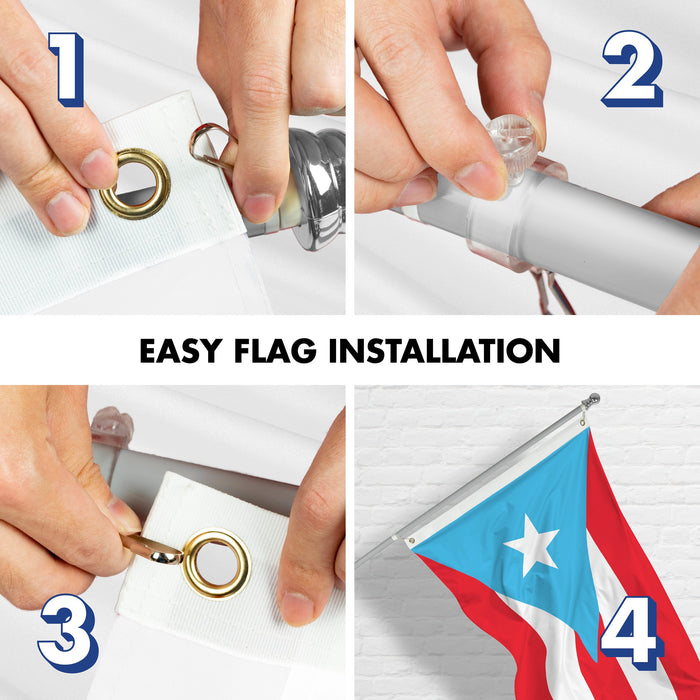 G128 Combo Pack: 6 Ft Tangle Free Aluminum Spinning Flagpole (Silver) & Puerto Rico Light Blue Puerto Rican PR Flag  | 3x5 Ft | LiteWeave Pro Series Printed 150D Polyester | Pole with Flag Included