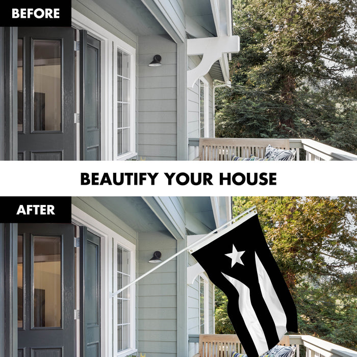 G128 Combo Pack: 6 Ft Tangle Free Aluminum Spinning Flagpole (White) & Puerto Rico Black and White Puerto Rican PR Flag  | 3x5 Ft | LiteWeave Pro Series Printed 150D Polyester | Pole with Flag Included