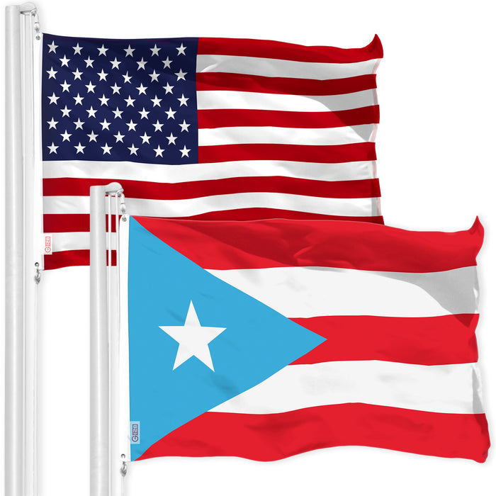 G128 Combo Pack: American USA Flag 3x5 Ft & Puerto Rico Light Blue Puerto Rican PR Flag 3x5 Ft | Both LiteWeave Pro Series Printed 150D Polyester | Indoor/Outdoor, Vibrant Colors, Brass Grommets