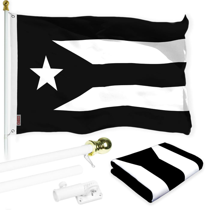 G128 Combo Pack: 6 Ft Tangle Free Aluminum Spinning Flagpole (White) & Puerto Rico Black and White Puerto Rican PR Flag  | 3x5 Ft | LiteWeave Pro Series Printed 150D Polyester | Pole with Flag Included