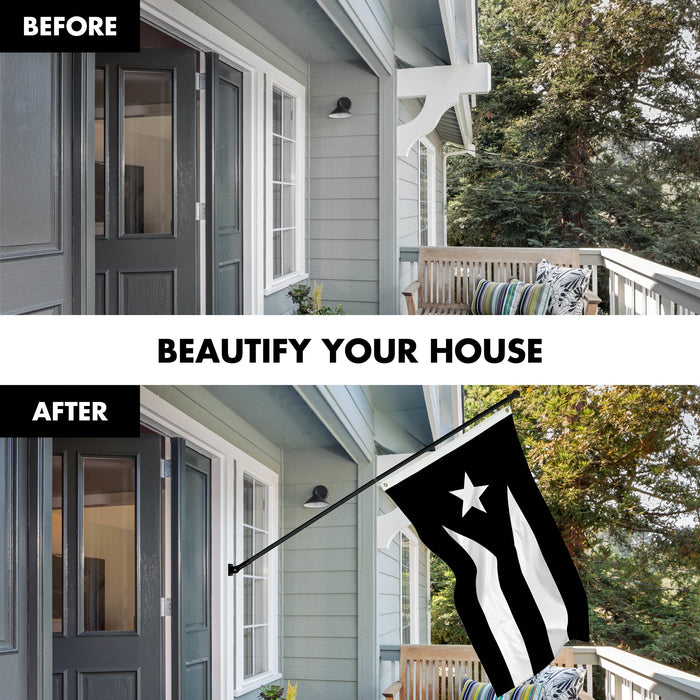 G128 Combo Pack: 6 Ft Tangle Free Aluminum Spinning Flagpole (Black) & Puerto Rico Black and White Puerto Rican PR Flag  | 3x5 Ft | LiteWeave Pro Series Printed 150D Polyester | Pole with Flag Included