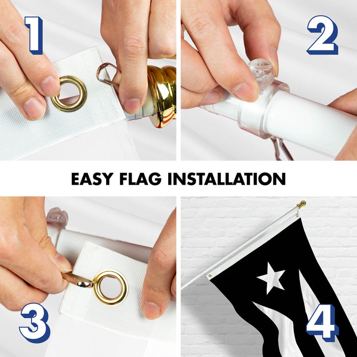 G128 Combo Pack: 6 Ft Tangle Free Aluminum Spinning Flagpole (White) & Puerto Rico Black and White Puerto Rican PR Flag  | 3x5 Ft | LiteWeave Pro Series Printed 150D Polyester | Pole with Flag Included
