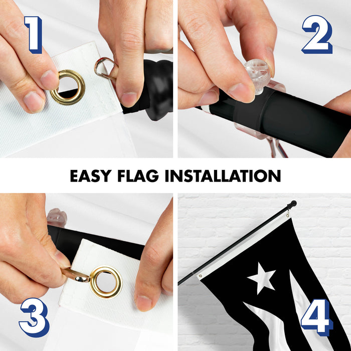 G128 Combo Pack: 6 Ft Tangle Free Aluminum Spinning Flagpole (Black) & Puerto Rico Black and White Puerto Rican PR Flag  | 3x5 Ft | LiteWeave Pro Series Printed 150D Polyester | Pole with Flag Included