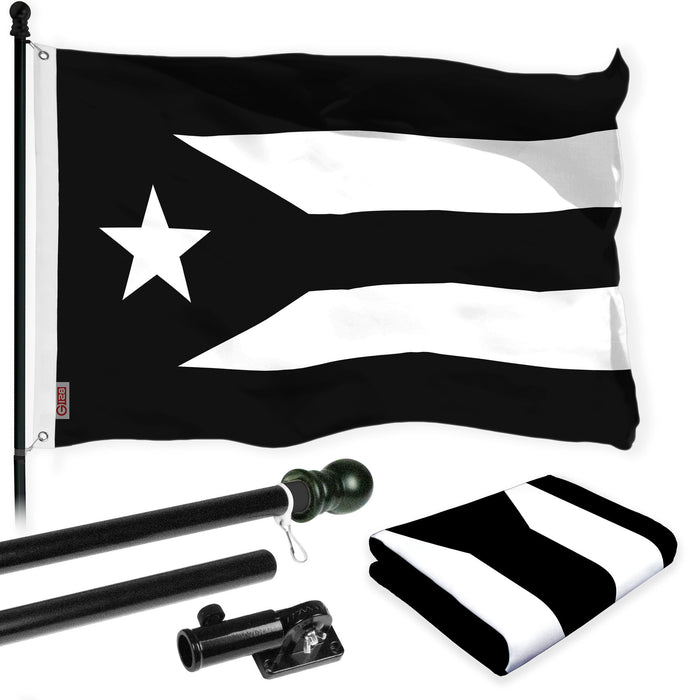 G128 Combo Pack: 6 Ft Tangle Free Aluminum Spinning Flagpole (Black) & Puerto Rico Black and White Puerto Rican PR Flag  | 3x5 Ft | LiteWeave Pro Series Printed 150D Polyester | Pole with Flag Included