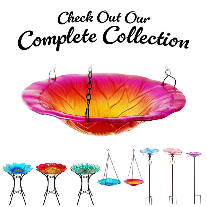 G128 Hanging Glass Bird Bath Outdoor Bird Feeder 8-inch for Garden Decoration Pink Flower Design