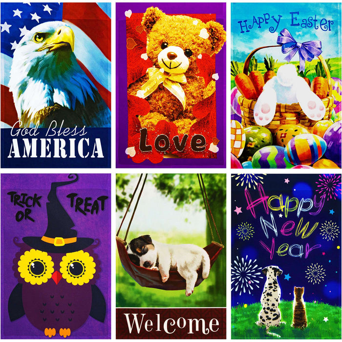 G128 set of 6 holiday and seasonal animals garden flags, 12x18 inch