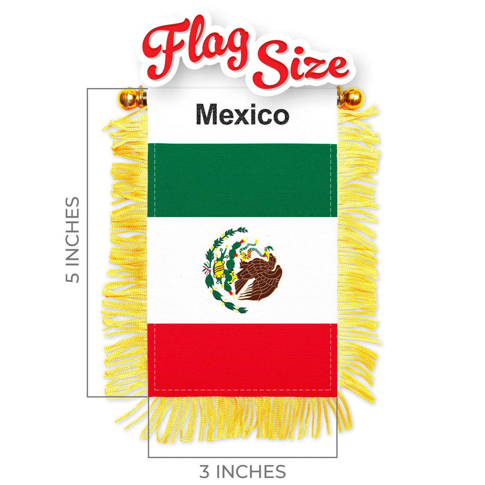 G128 2 Pack: Mexico Mexican Fringy Flag | 3x5IN | Fringy Hanging Double Sided Flag with Suction Cup, Window and Car Rearview Mirror Decor