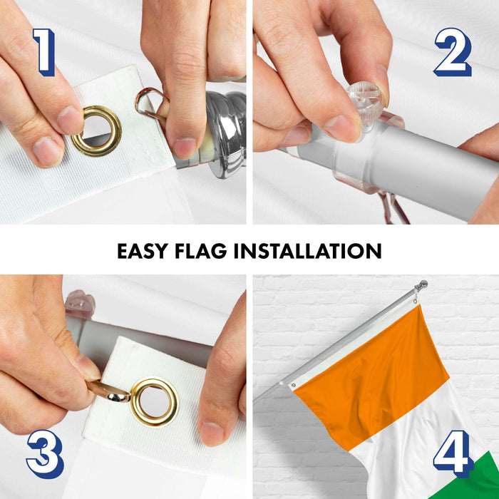 G128 Combo Pack: 6 Ft Twist Free Aluminum Spinning Flagpole (Silver) & Ivory Coast Flag | 3x5 Ft | LiteWeave Pro Series Printed 150D Polyester | Pole with Flag Included