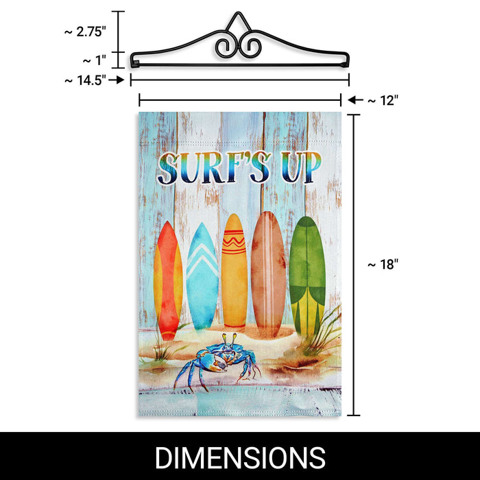 G128 12x18IN Surfs Up Surfboard Beach Garden Flag with 14IN Hanger