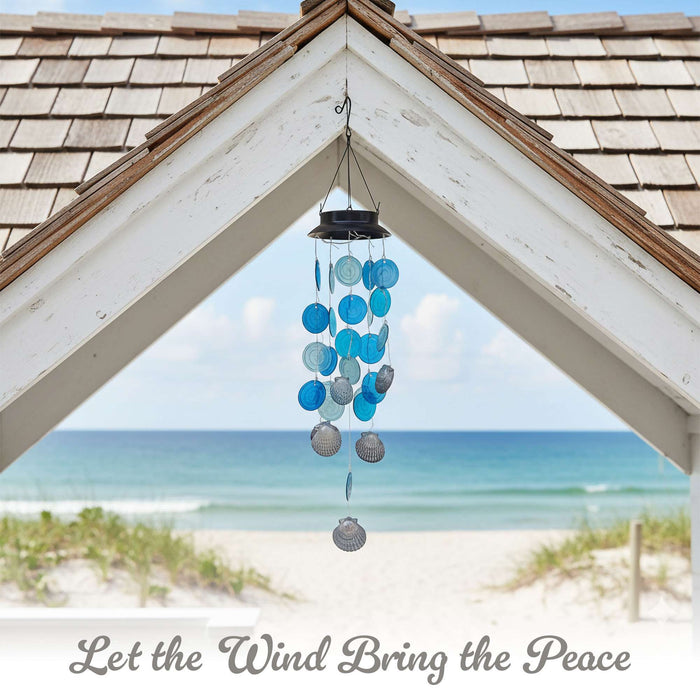 G128 Solar Wind Chime Sea Shell for Outside with Lights | Coastal Ocean Theme Windchimes Outdoors for Home Garden Patio Decor Unique Birthday Gifts