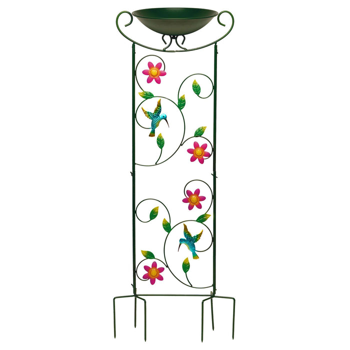 G128 35 Inch Antique Garden Iron Bird Bath with Trellis, Decorative Hummingbirds, Detachable Bowl, Metal Potted Plant Support, Elegant Outdoor Garden Bird Feeder