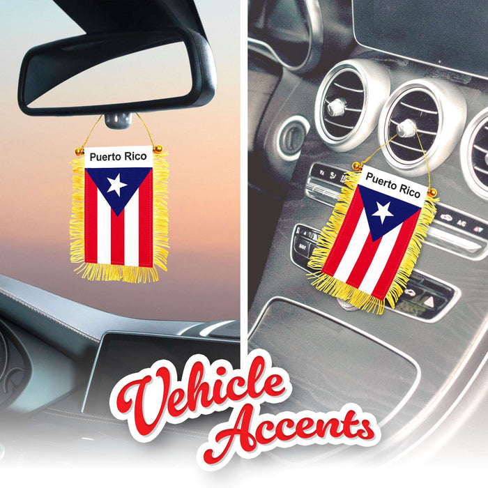 G128 2 Pack: Puerto Rico Fringy Flag | 3x5IN | Fringy Hanging Double Sided Flag with Suction Cup, Window and Car Rearview Mirror Decor