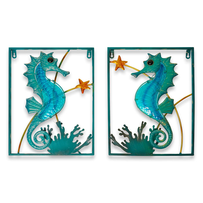 G128 Seahorse Metal Wall Art Set | Ocean Beach Themed Framed Home Wall Decor with LED Lights | Battery NOT Included