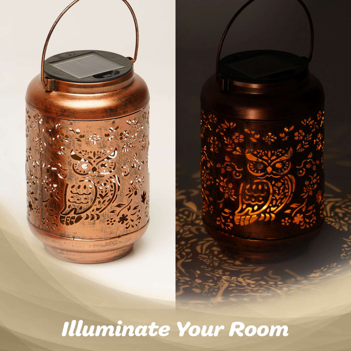 G128 Solar Owl Outdoor Lantern | Metal Waterproof Outdoor Hanging Lantern with LED Lights for Garden, Patio, Porch, Lawn