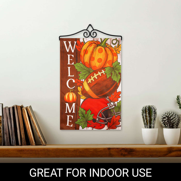 G128 12x18IN Welcome Fall Football Pumpkin Garden Flag with 14IN Hanger