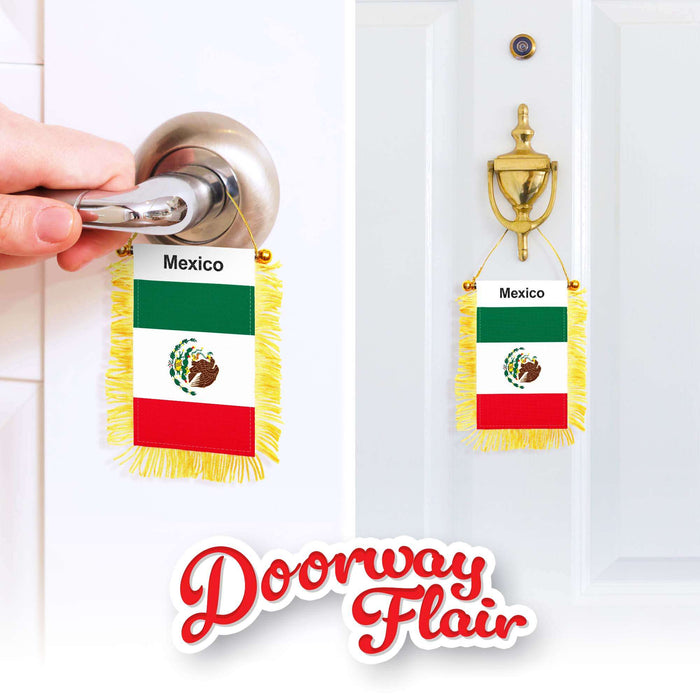 G128 2 Pack: Mexico Mexican Fringy Flag | 3x5IN | Fringy Hanging Double Sided Flag with Suction Cup, Window and Car Rearview Mirror Decor
