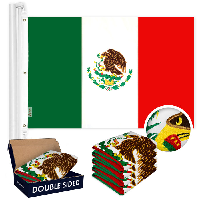 G128 5 Pack: Mexico Mexican Flag | 6x10 Ft | Double ToughWeave Series Double Sided Embroidered 210D Polyester | Country Flag, Embroidered Design, Indoor/Outdoor, Brass Grommets, Heavy Duty, 3-ply