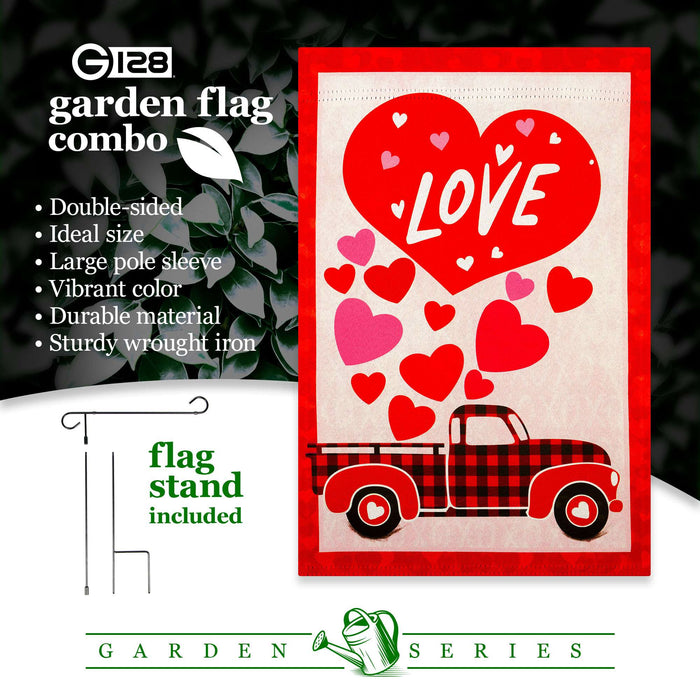 G128 Combo Pack: Garden Flag Stand 36x16IN & Garden Flag Happy Valentine's Day Love Truck Printed 12x18IN Double Sided
