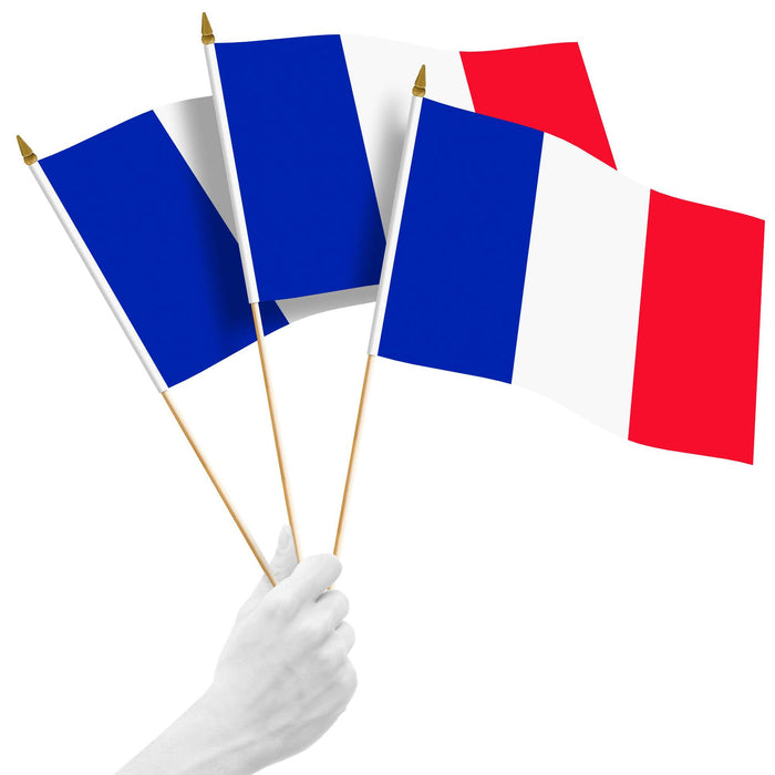 G128 10 Pack Handheld France French Stick Flags | 12x18 In | Printed 150D Polyester, Country Flag, Solid Plastic Stick, Spear White Tip