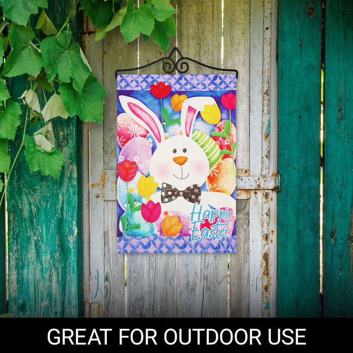 G128 Combo Pack Garden Flag Hanger 14IN & Garden Flag Happy Easter Bunny Tulips Printed 12x18IN Double Sided Yard Garden Lawn Decoration