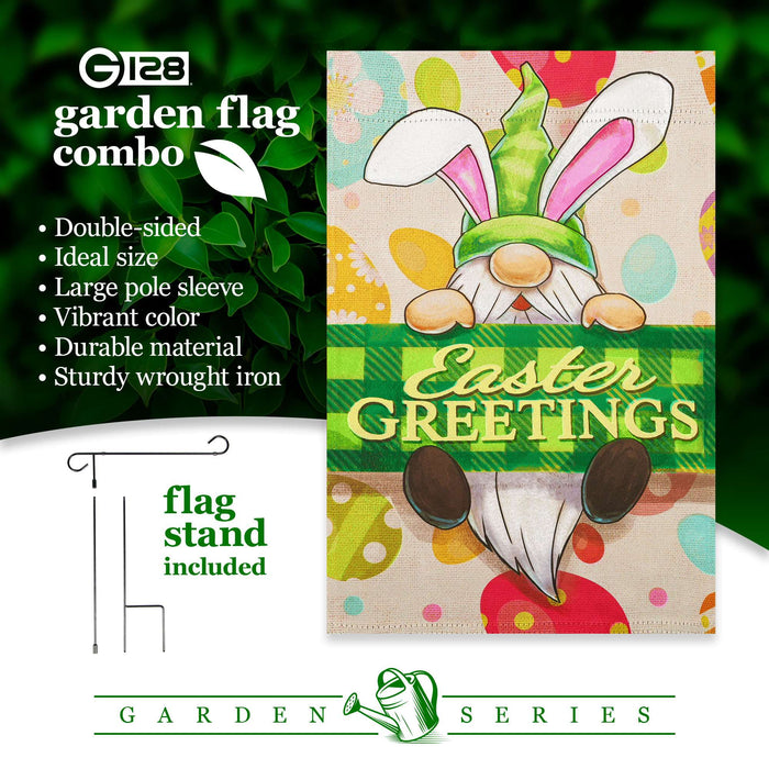 G128 Combo Pack: Garden Flag Stand 36x16IN & Garden Flag Happy Easter Gnome Greetings Printed 12x18IN Double Sided