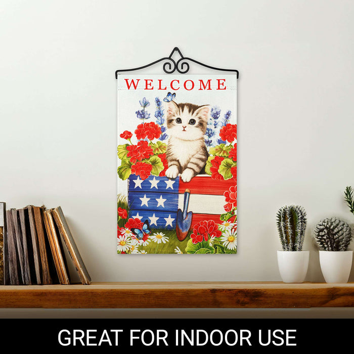 G128 Combo Pack Garden Flag Hanger 14IN & Garden Flag Welcome Kitten Patriotic Printed 12x18IN Double Sided