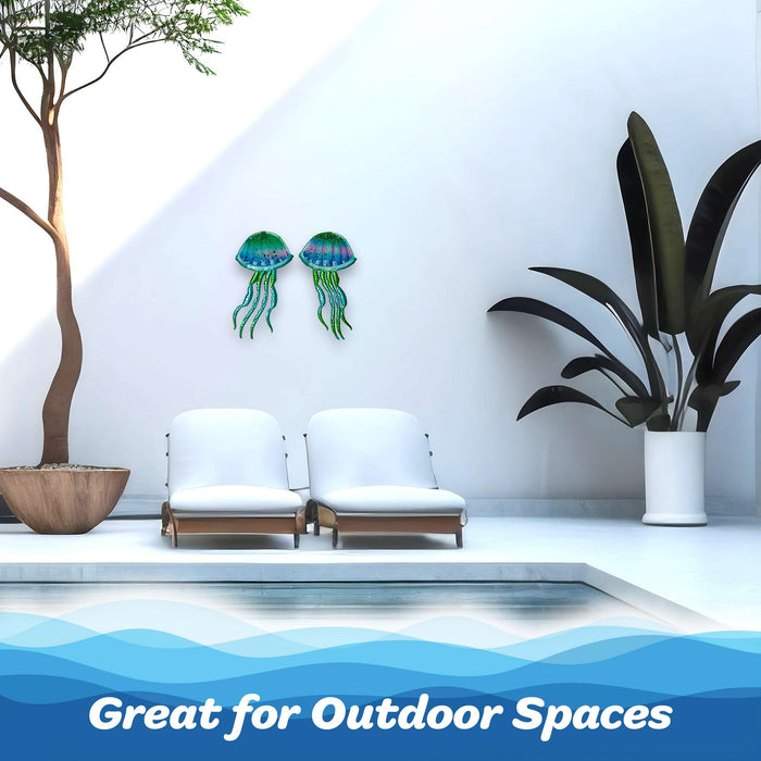 G128 Jellyfish Metal Wall Art Set | Coastal Ocean Theme Indoor Outdoor Wall Art Hanging Decor for Bedroom, Living Room, Garden, Patio