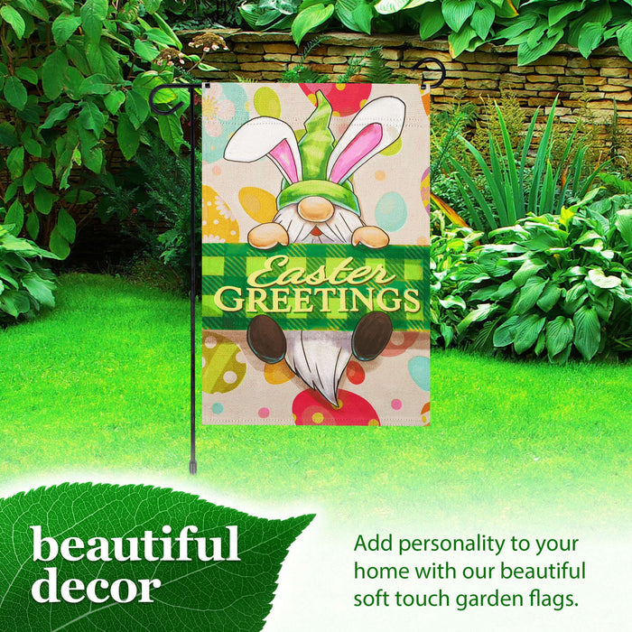 G128 Combo Pack: Garden Flag Stand 36x16IN & Garden Flag Happy Easter Gnome Greetings Printed 12x18IN Double Sided