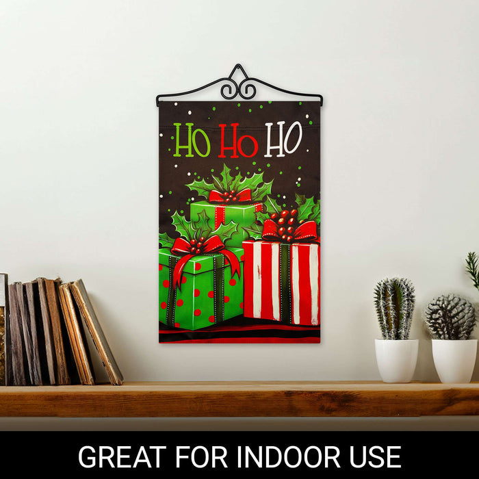 G128 12x18IN Ho Ho Ho Christmas Gift Box Garden Flag with 14IN Hanger