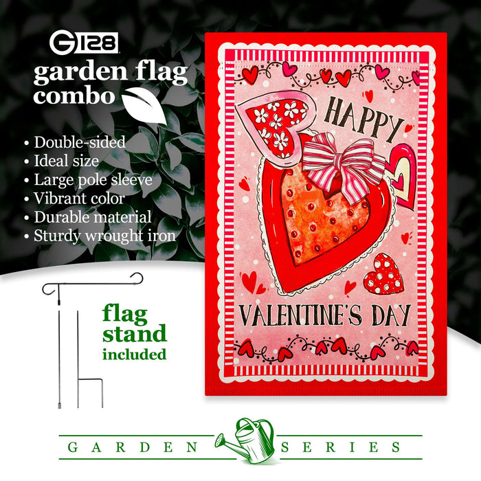 G128 Combo Pack: Garden Flag Stand 36x16IN & Garden Flag Happy Valentine's Day Heart Cookie Printed 12x18IN Double Sided