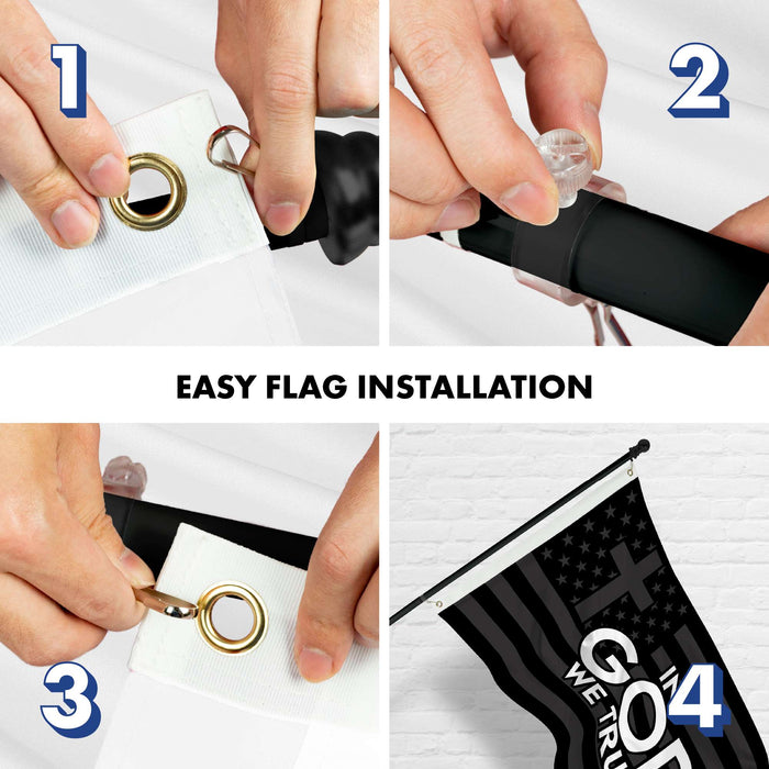 G128 Combo Pack: 6 Ft Tangle Free Aluminum Spinning Flagpole (Black) & In God We Trust Patriotic Flag 3x5 Ft, LiteWeave Pro Series Printed 300D Polyester | Pole with Flag Included
