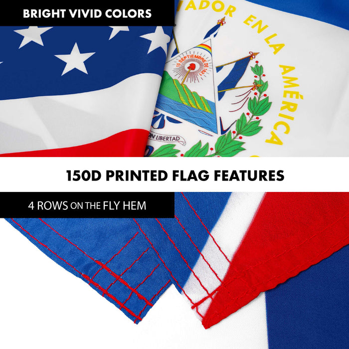 G128 Combo Pack: 6 Ft Tangle Free Aluminum Spinning Flagpole (Black) & El Salvador USA Friendship Flag | 3x5 Ft |LiteWeave Pro Series Printed 150D Polyester | Pole with Flag Included