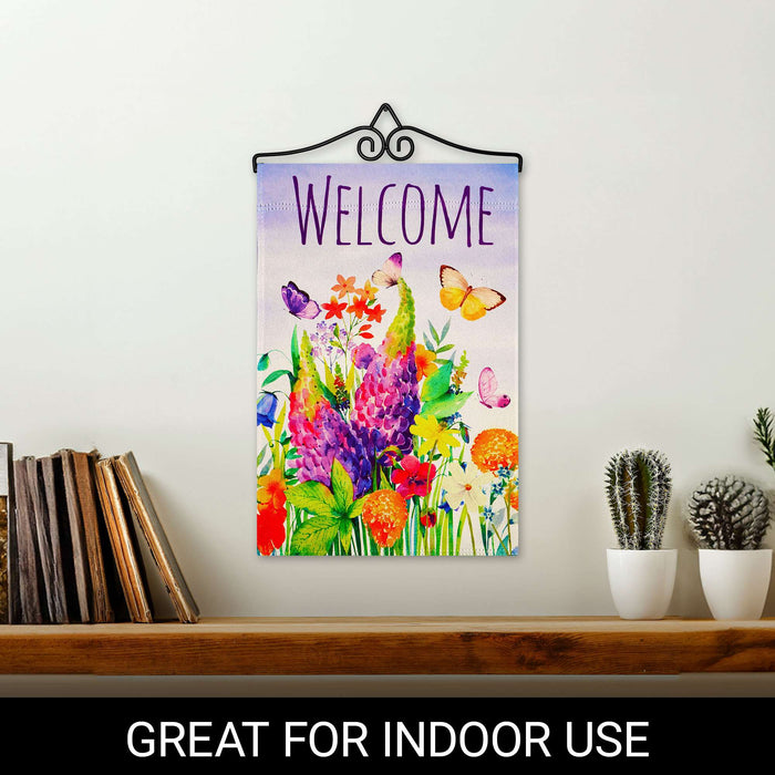 G128 Combo Pack Garden Flag Hanger 14IN & Garden Flag Spring Floral Butterfly Welcome Printed 12x18IN Double Sided Yard Garden Lawn Decoration