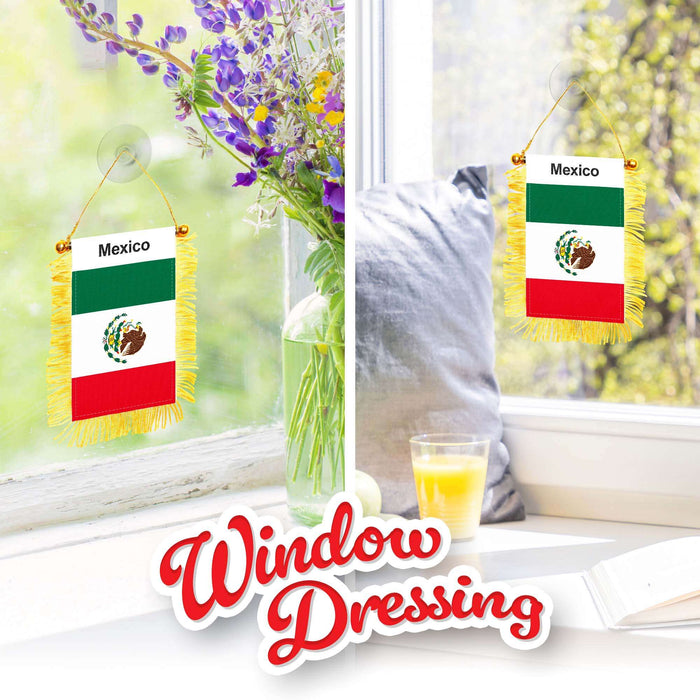 G128 2 Pack: Mexico Mexican Fringy Flag | 3x5IN | Fringy Hanging Double Sided Flag with Suction Cup, Window and Car Rearview Mirror Decor